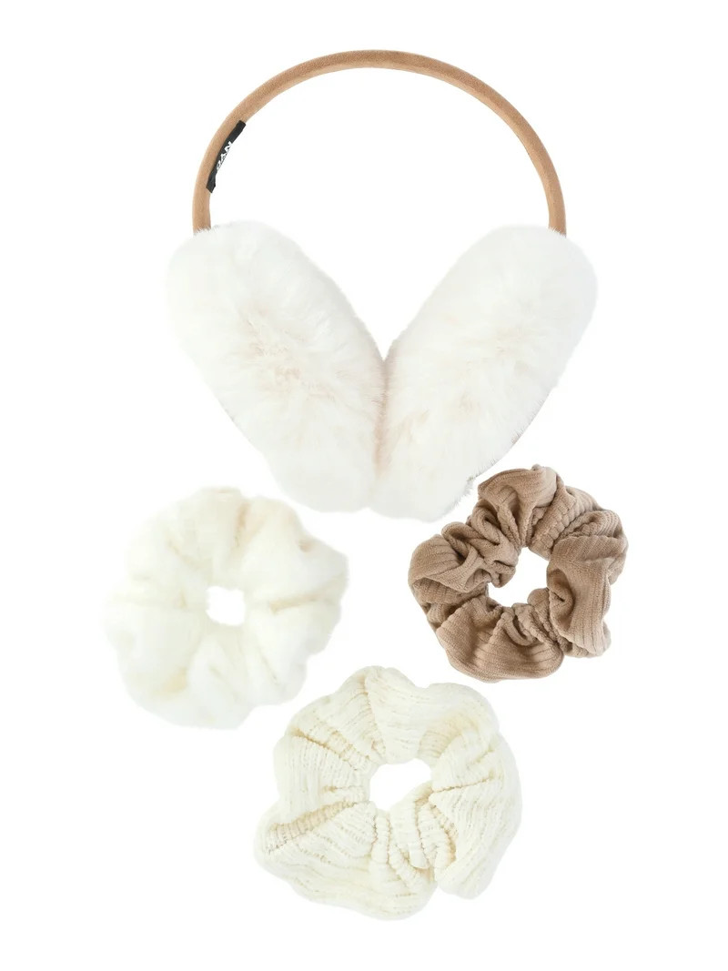 Madden NYC Women's Faux Suede Ear Muffs and Hair Scrunchy Set, 4-Piece, Tan | Walmart (US)
