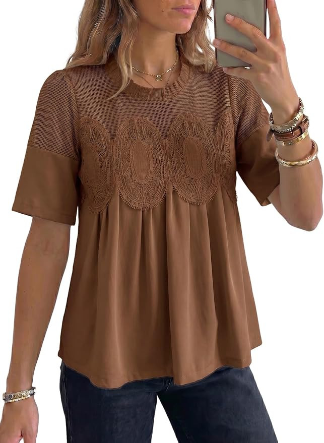 Dokotoo Women's Lace Blouse Elegant Flared Swing Tops Crew Neck Short Sleeve Textured Embroidered... | Amazon (US)