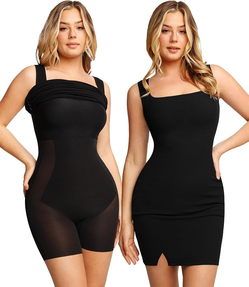 Popilush Shaper Dress Mini Slit Built in Shapewear Bra 8 in 1 Sleeveless Square Neck Bodycon Summer  | Amazon (US)