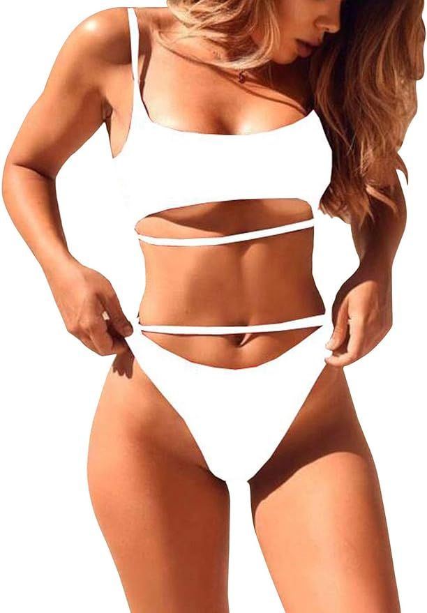 ALLureLove Women's Sexy Scoop Neck Cutout Strappy High Waist Thong 2PCS Bikini Sets Swimsuit | Amazon (US)