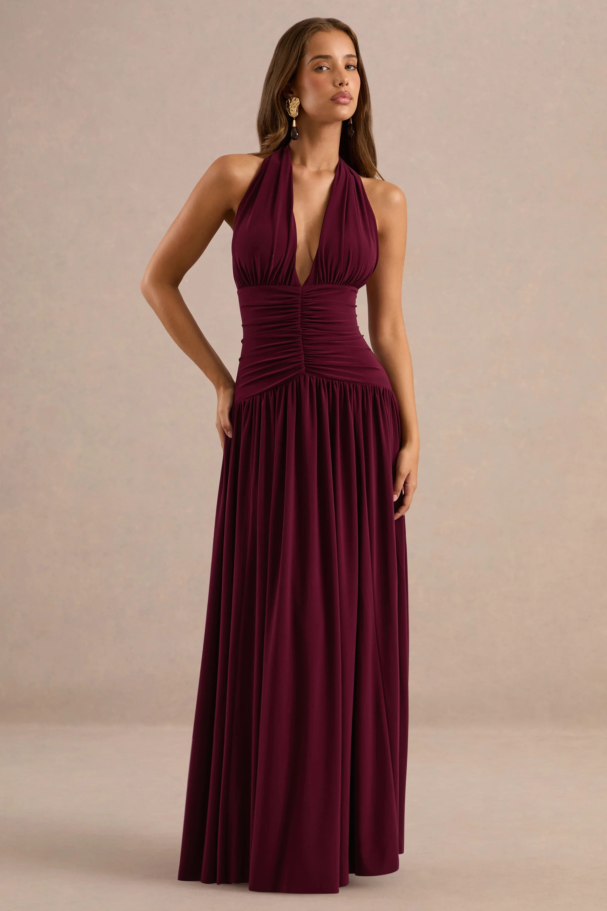 Bettina | Burgundy Plunge-Neck Maxi Dress With Gathered-Detailing | Club L London