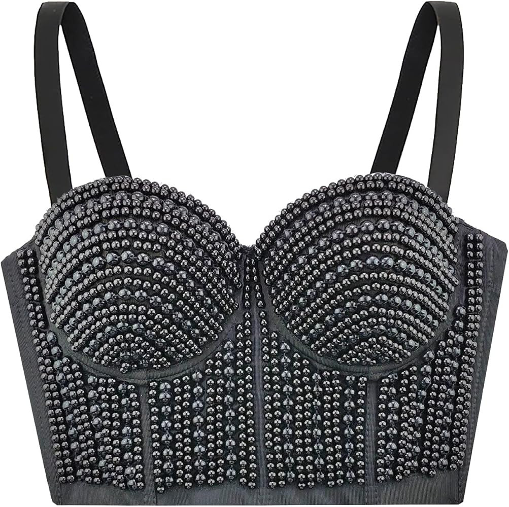 atokiss Women's Pearls Beaded Bustier Crop Top Push Up Clubwear Party Corset Top Cropped Bra | Amazon (US)