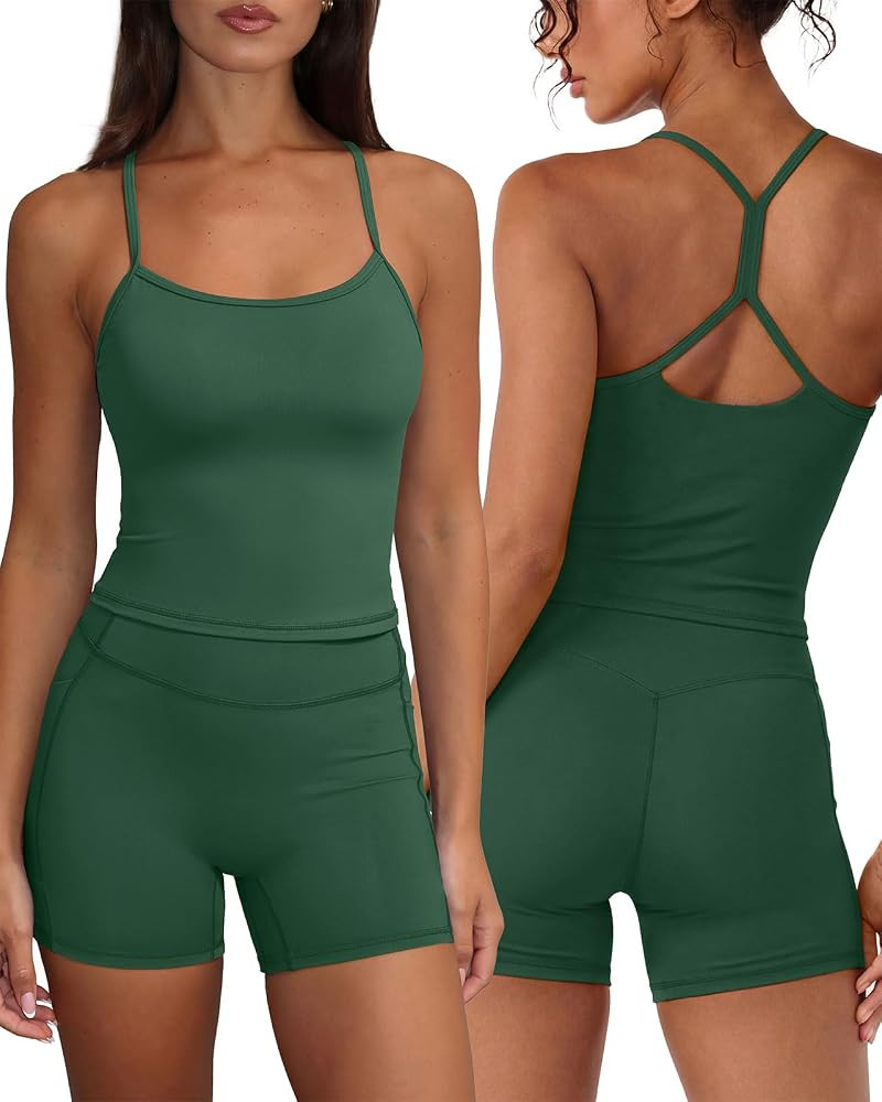 SUUKSESS Women 2 Piece Workout Sets Racerback Sports Bra Shorts with Pockets | Amazon (US)