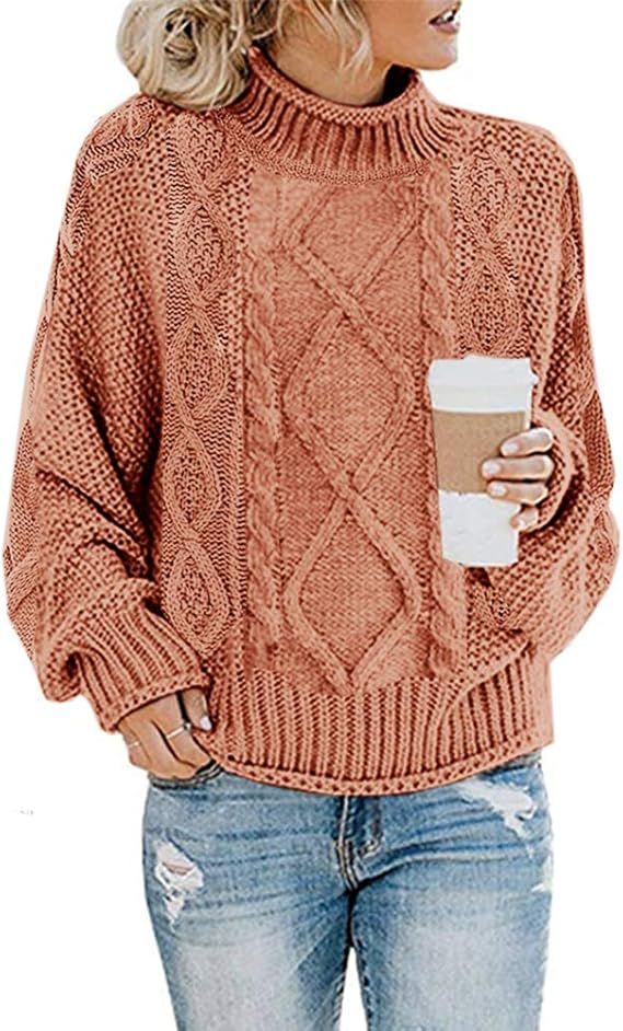 Maroway Womens Turtleneck Sweaters Cable Knit Chunky Pullovers Casual Long Sleeve Loose Jumper To... | Amazon (US)