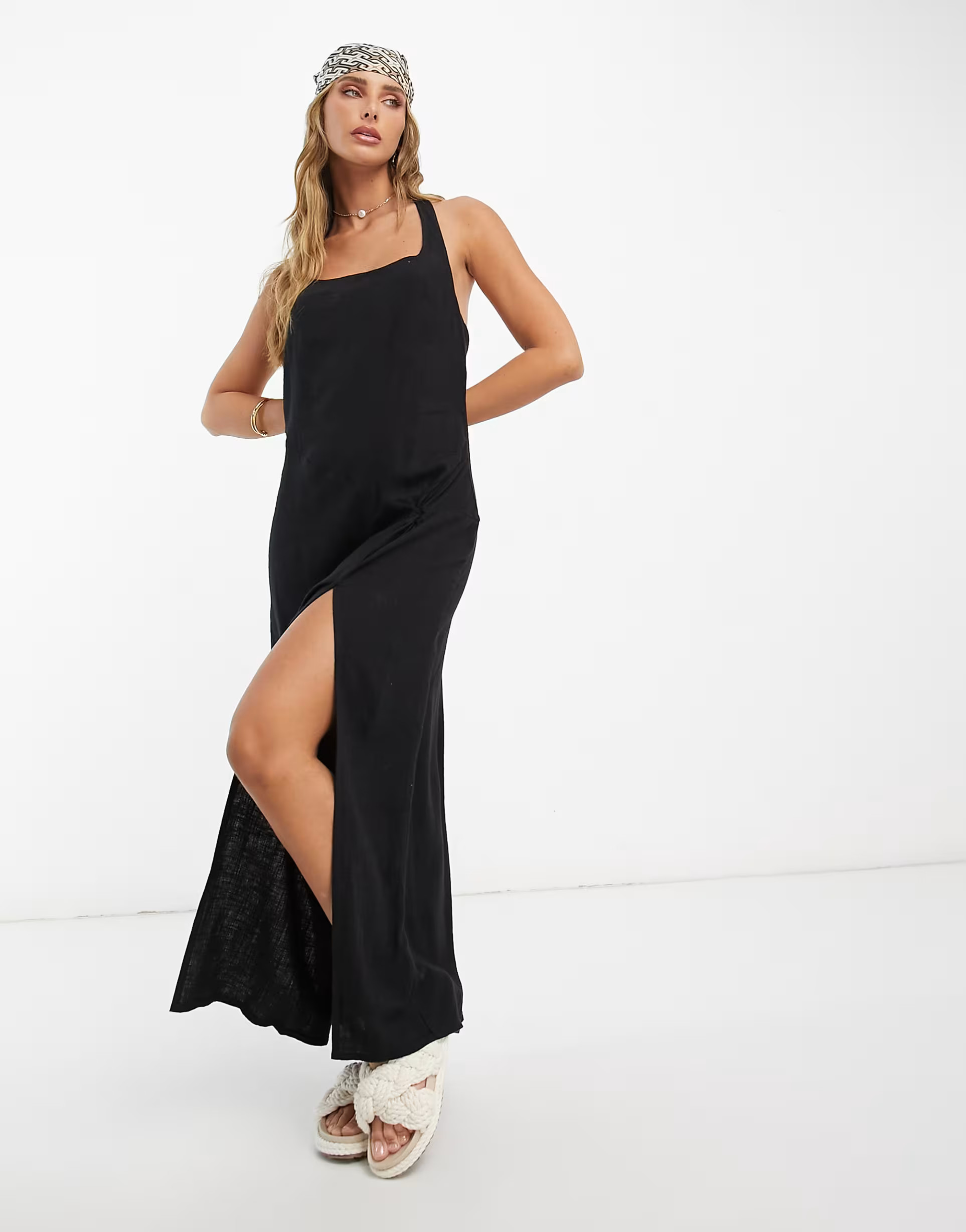 ASOS DESIGN linen scoop halter maxi sundress with knot detail in black | ASOS (Global)