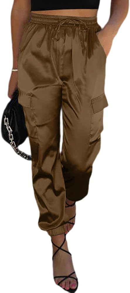EVALESS Satin Joggers for Women Drawstring Elastic High Waist Straight Leg Cargo Pants Long Loung... | Amazon (US)