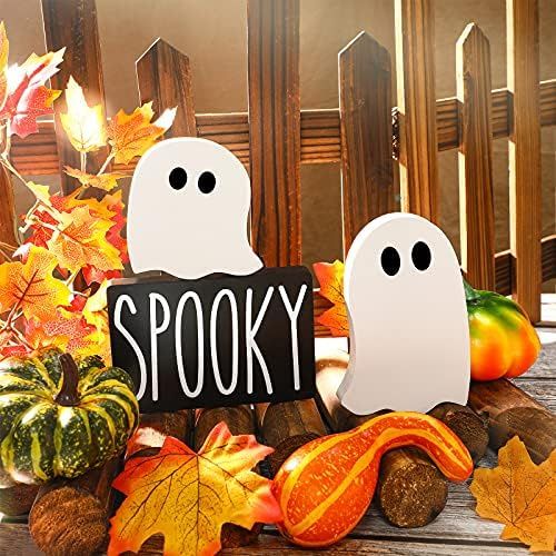 Amazon.com: Blulu 3 Pieces Halloween Ghost Haunted House Tiered Tray Decorations Wooden Ghost The... | Amazon (US)