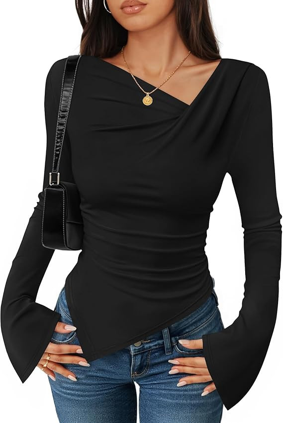 ZESICA Women's Long Bell Sleeve Shirts 2025 Fall Going Out Asymmetrical Crop Tops Slim Fit Ribbed... | Amazon (US)