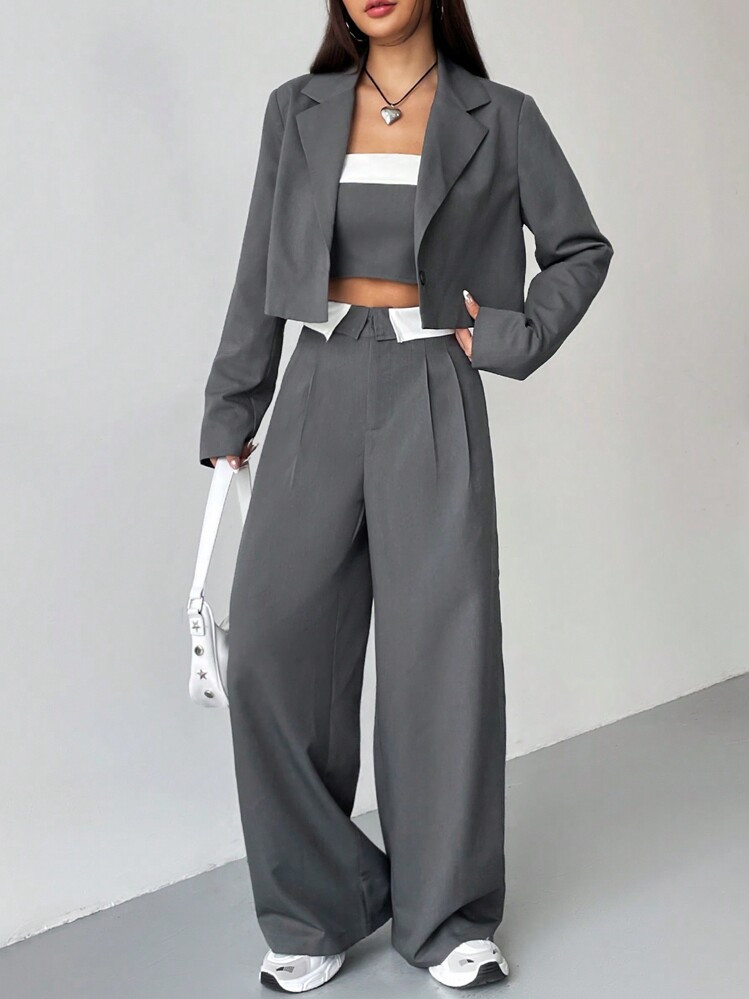 SHEIN EZwear Lapel Neck Crop Blazer & Wide Leg Suit Pants & Tube Top In Fall/Winter | SHEIN