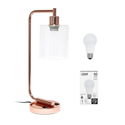 Simple Designs LD1066-RGD-LB Industrial Vintage Bronson Iron Lantern Desk Table Lamp with USB Port and Glass Cylinder Shade for Office, Living Room, Bedroom, Rose Gold, with Feit LED Bulb Included | Amazon (US)