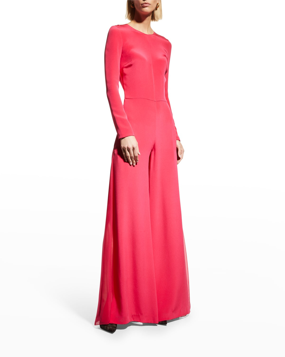 Silk Crepe Long-Sleeve Jumpsuit | Neiman Marcus