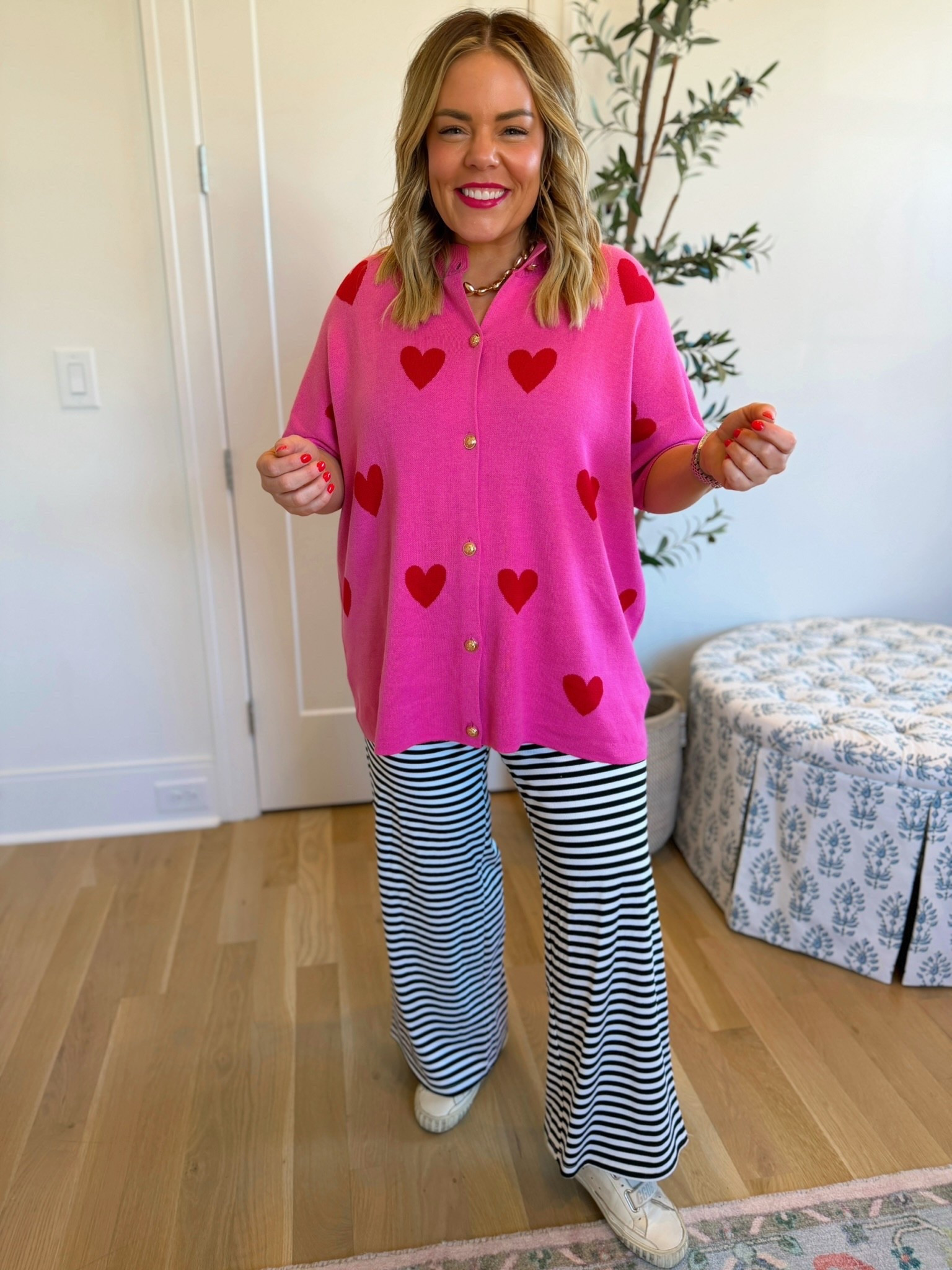 valentines day outfit, valentines day look, valentines day top, heart top, pink and red top, trendy outfit, striped pants, women’s fashion, ootd  

#LTKootd #LTKSeasonal