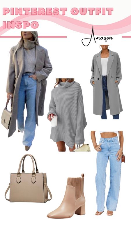 Pinterest winter outfit recreation with amazon! Grey coat, neutral winter outfit, grey sweater, monochromatic outfit, straight leg jeans, bootcut jeans, neutral booties, neutral bag, amazon winter outfit

#LTKstyletip #LTKSeasonal #LTKeurope