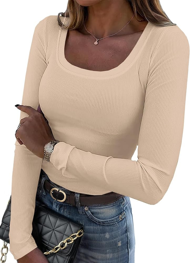 Zeagoo Women's Long Sleeve Scoop Neck Shirts Casual Slim Fit Rib Knit Tops Summer Fall Basic Busi... | Amazon (US)