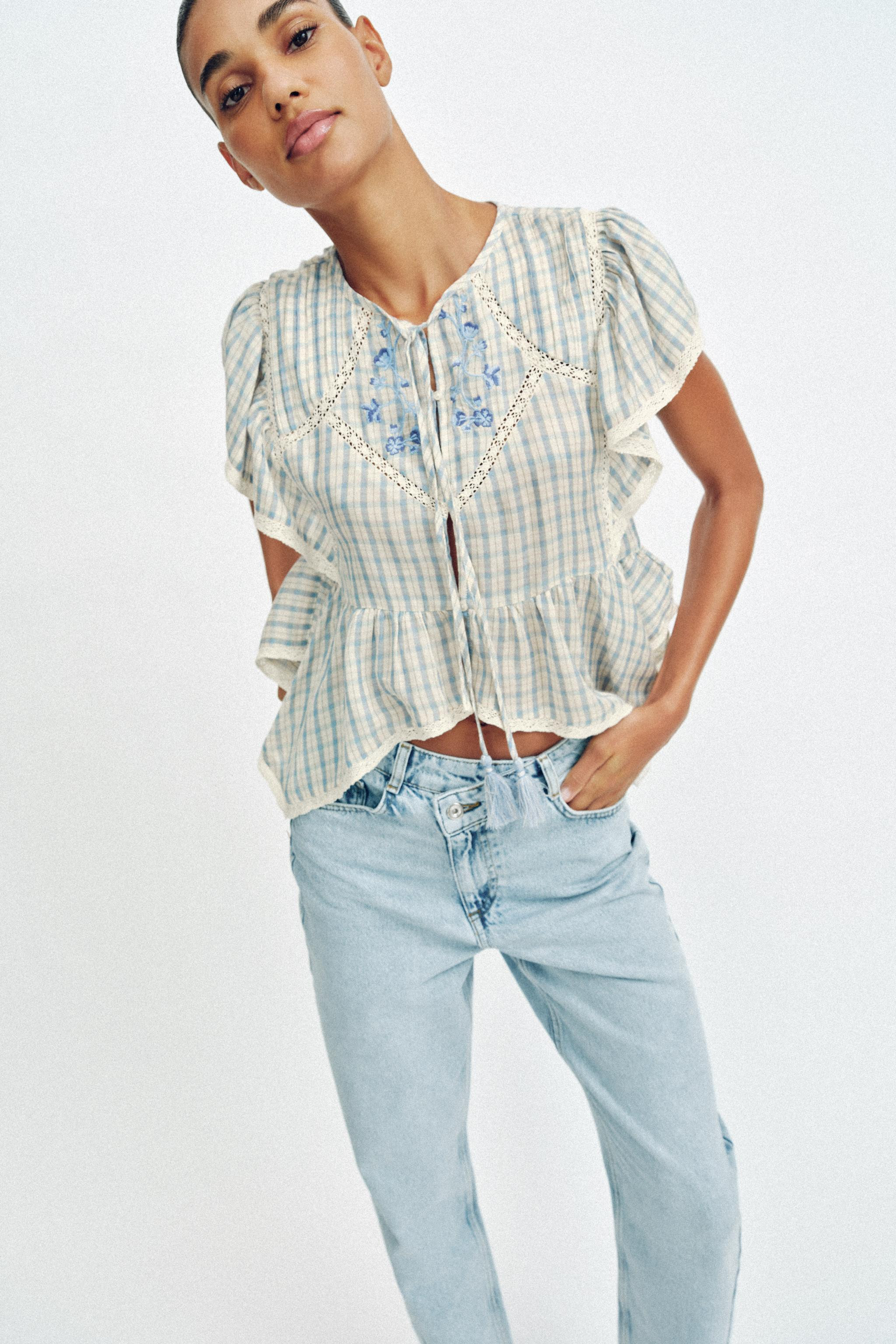 EMBROIDERED PLAID LACE INSERT TOP | Zara US