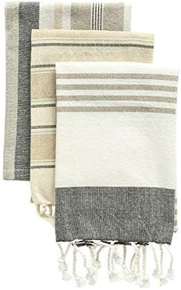 Creative Co-Op Grey & Tan Striped Cotton Tea Towels with Tassels (Set of 3) Entertaining Textiles... | Amazon (US)