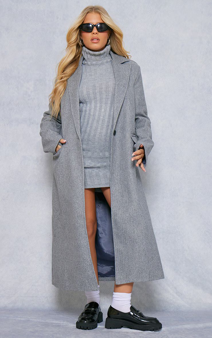 Grey Longline Wool Look Coat | PrettyLittleThing UK