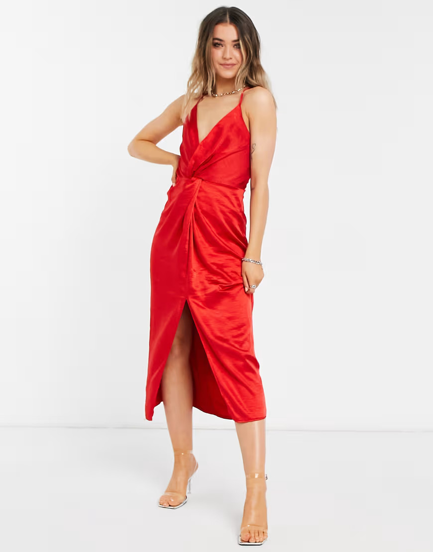 Liquorish satin halterneck midi dress in bright red | ASOS (Global)