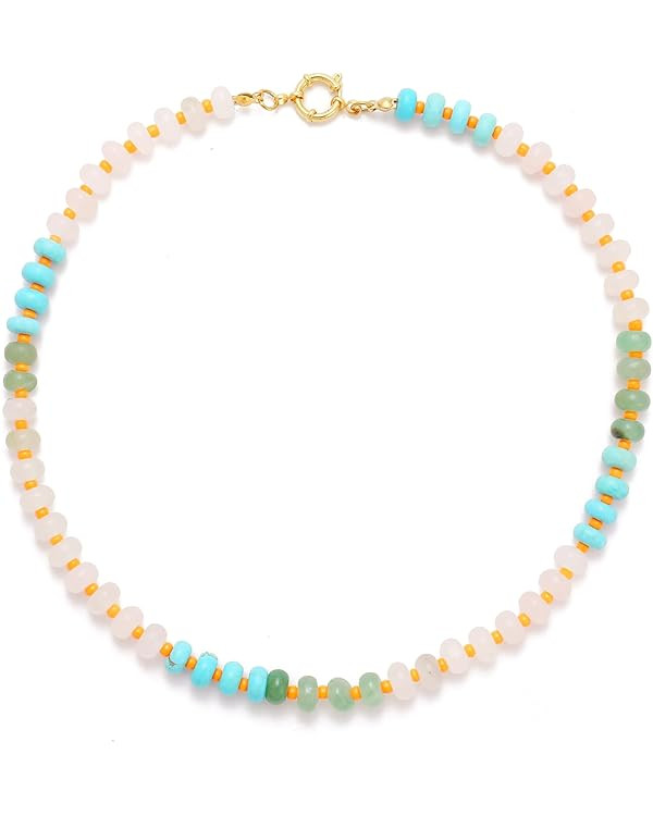 Natural Stone Beaded Necklaces for Women, Boho Colorful Gemstone Choker Necklace women, 14K Gold ... | Amazon (US)