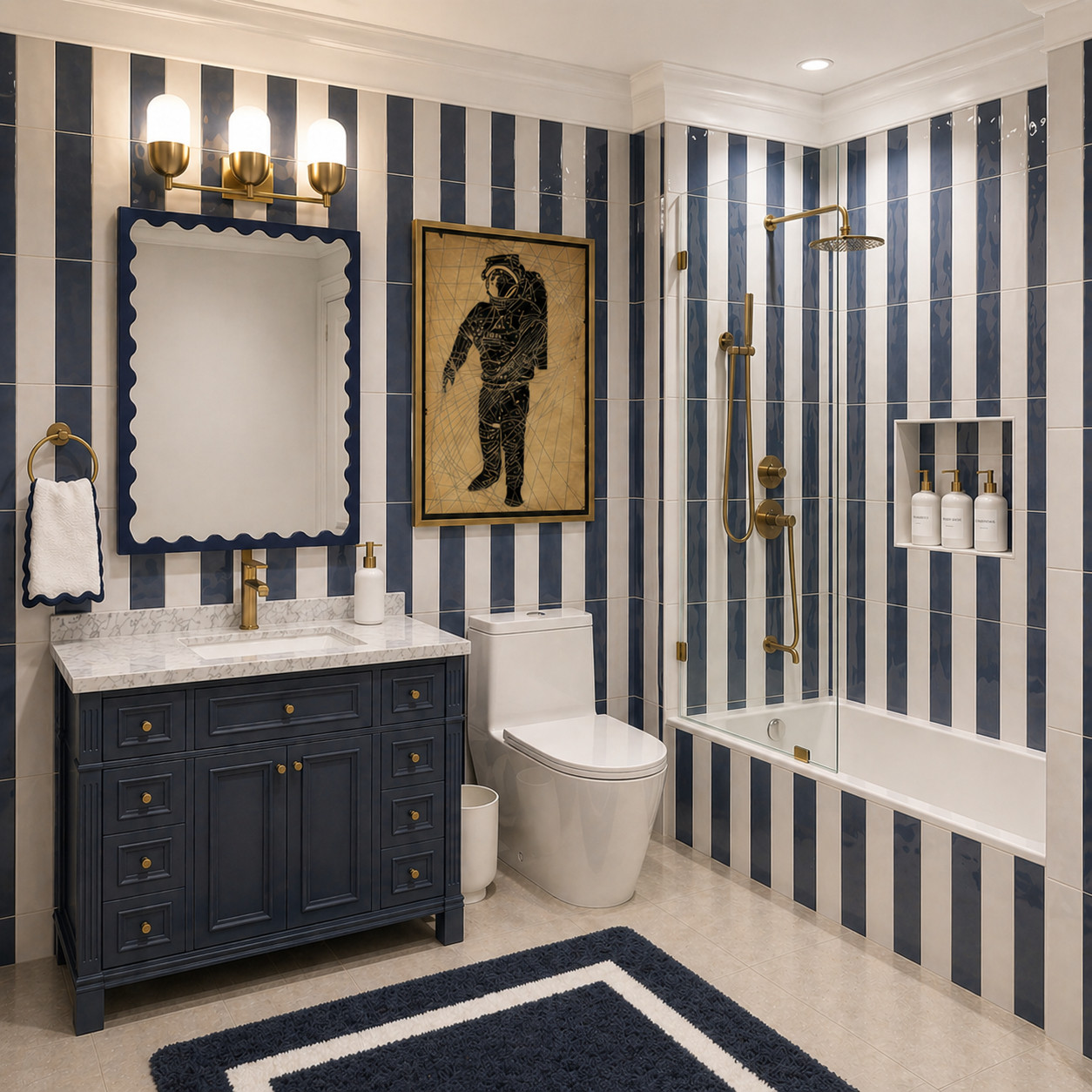 A little boy’s bathroom that actually feels designed 🤍

Classic navy + white stripes, polished brass, and playful details that still feel timeless — so it grows with him instead of feeling too kiddish. Clean, elevated, and just enough fun 

 #LTKHome #LTKSaleAlert #LTKKids