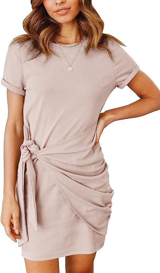 MEROKEETY Women's Short Sleeve Crew Neck T Shirt Dress Tie Waist Ruched Bodycon Mini Dress | Amazon (US)