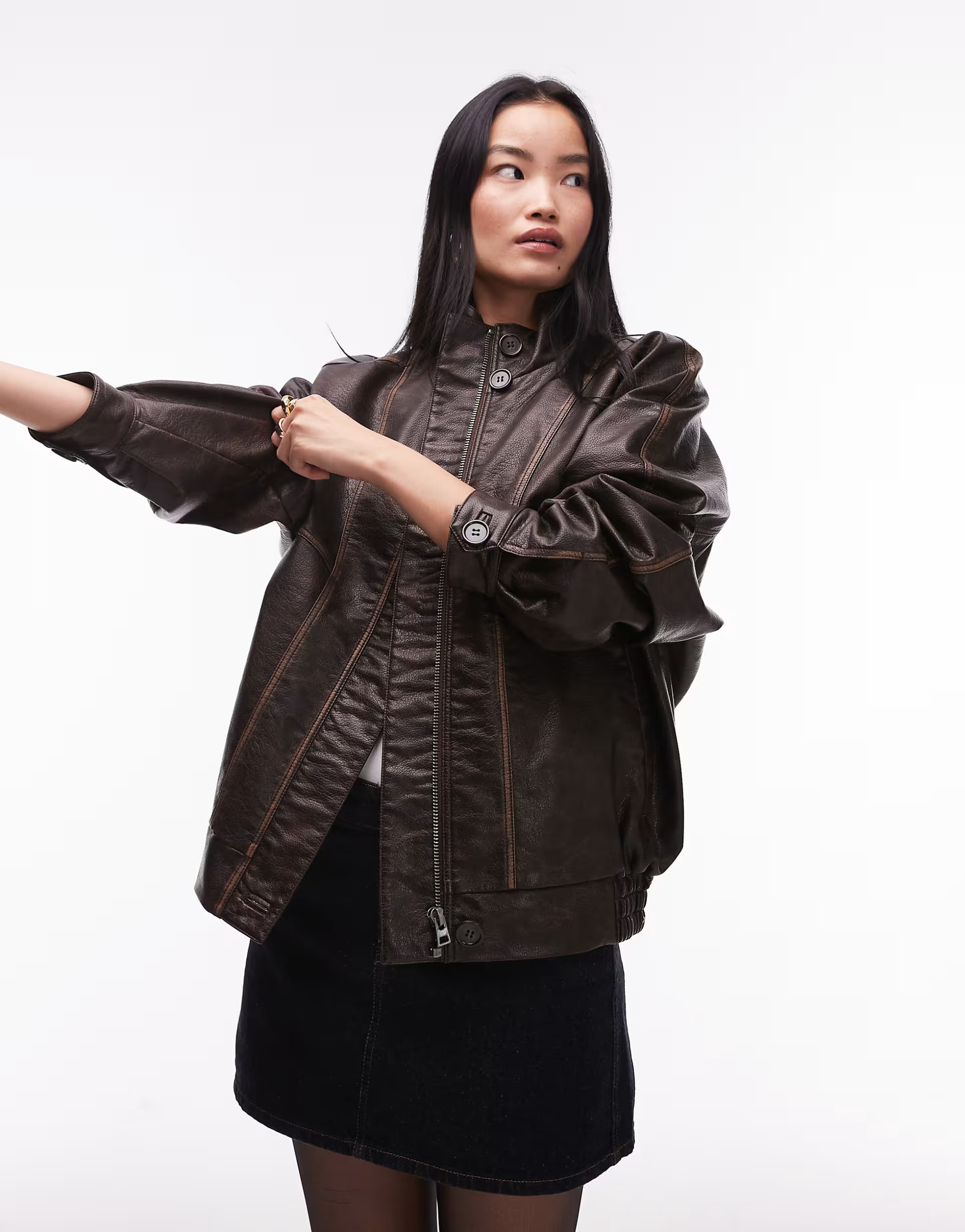 Topshop faux leather oversized bomber jacket in dark brown | ASOS (Global)