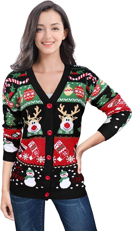 v28 Ugly Christmas Sweater for Women Reindeer Funny Merry Knit Sweaters Cardigan | Amazon (US)