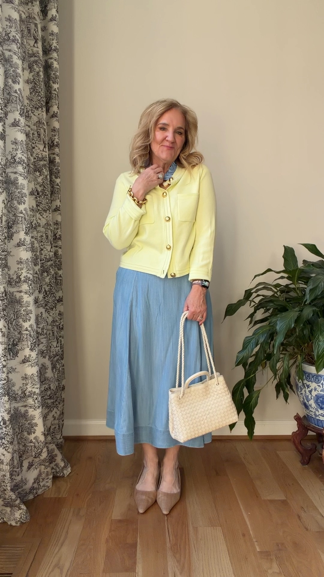 Walmart sweater size medium 
Chambray skirt size medium 
Favorite slingbacks maye everything classier. I size up 1/2 
Quince bag love the cream color 

#LTKWorkwear #LTKOver40 #LTKSaleAlert