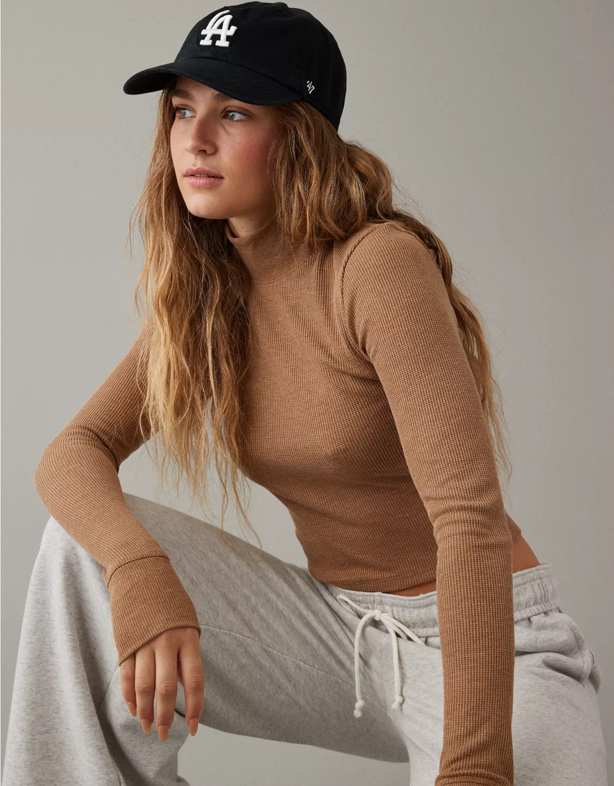 AE Long-Sleeve Cropped Hey Baby Mock Neck Tee | American Eagle Outfitters (US & CA)