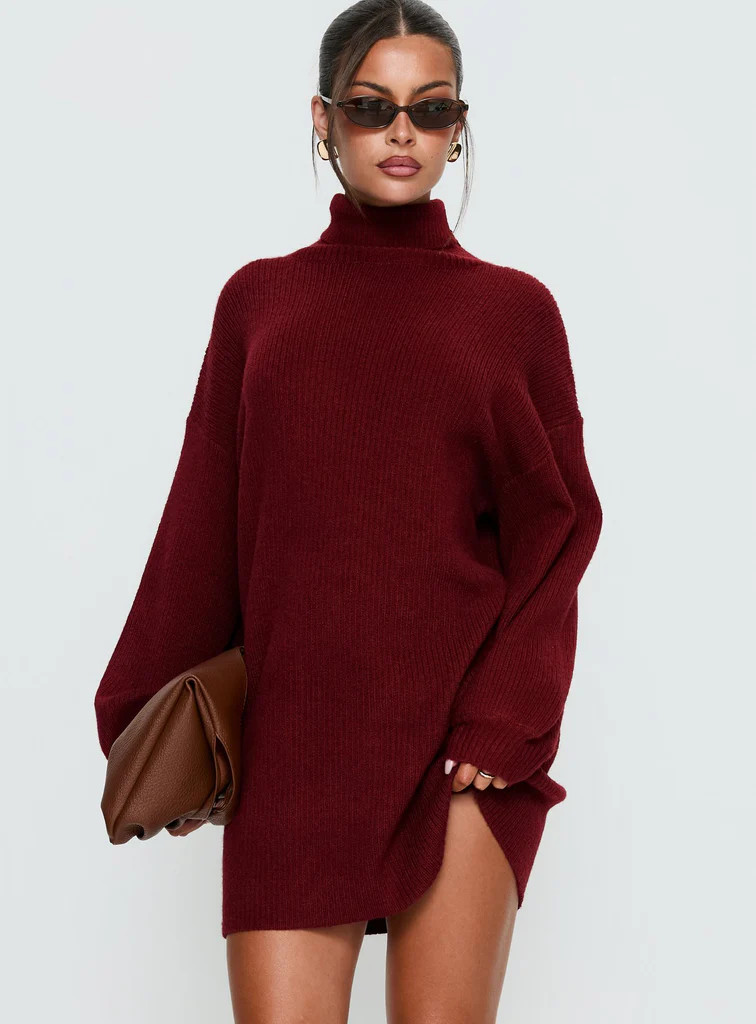 Coleena Long Sleeve Knit Mini Dress Burgundy | Princess Polly US