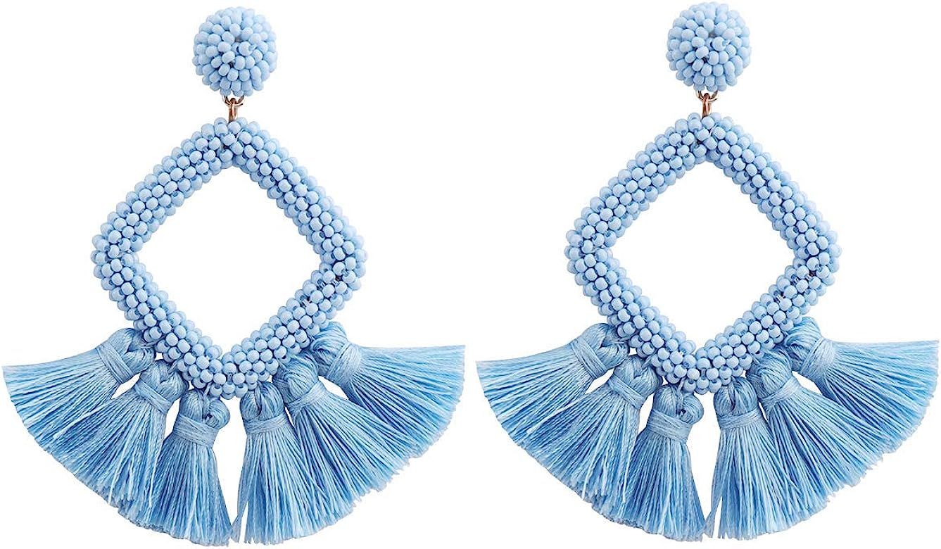 Statement Beads Hoop Tassel Earrings for Women,Drop Earrings Handmade Beaded Fringe Dangle Earrin... | Amazon (US)