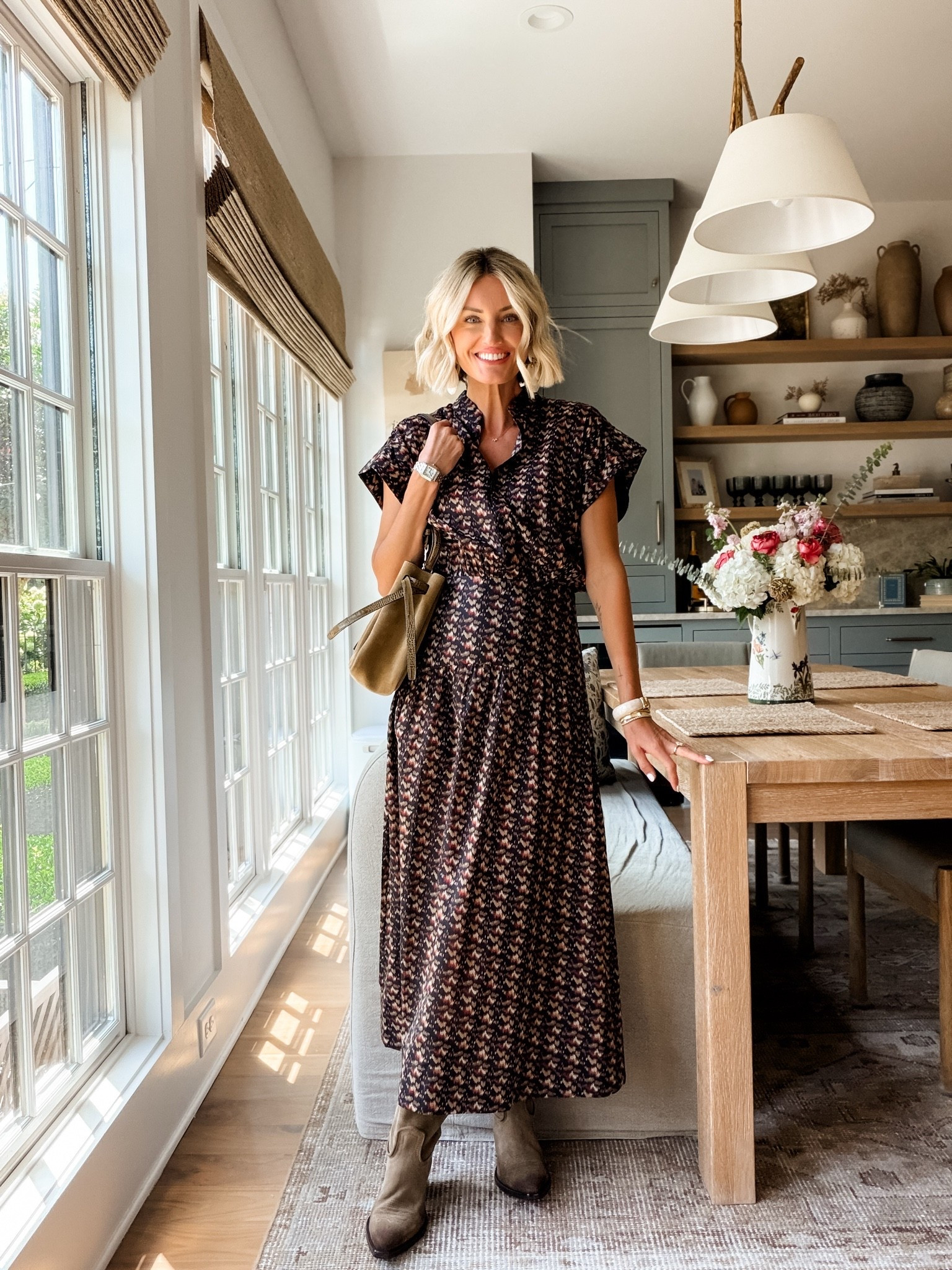 Love this patterned maxi dress from Tuckernuck for early fall! It’s chic, flattering, and so versatile! Would be so cute for church, lunch with friends, and so much more! Wearing XS Loverly grey, Tuckernuck, fall dresses, maxi dresses, fall fashion, women’s fashion finds

#LTKSeasonal