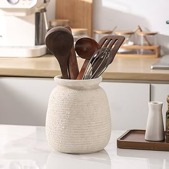Ceramic Flower Vase, 7.48 Inch White Rustic Farmhouse Decorative Vase Pottery Wide-Mouth Vases fo... | Amazon (US)