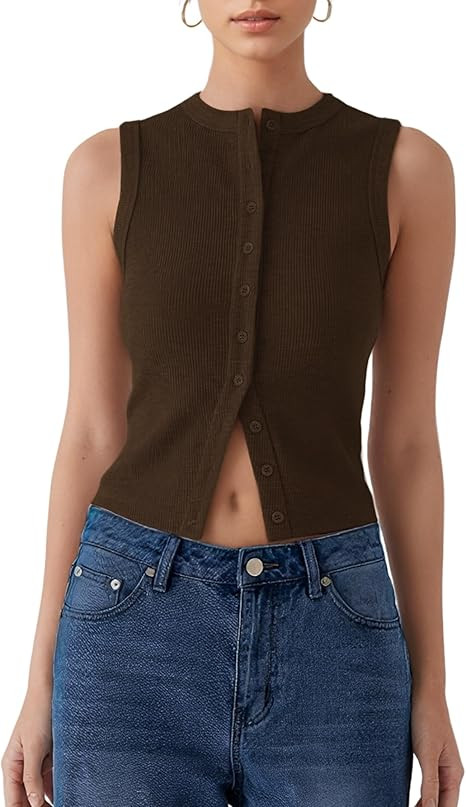 Women’s Button Down Tank Tops Sleeveless Ribbed Crop Summer Button Up Crewneck Vest Shirt Going... | Amazon (US)