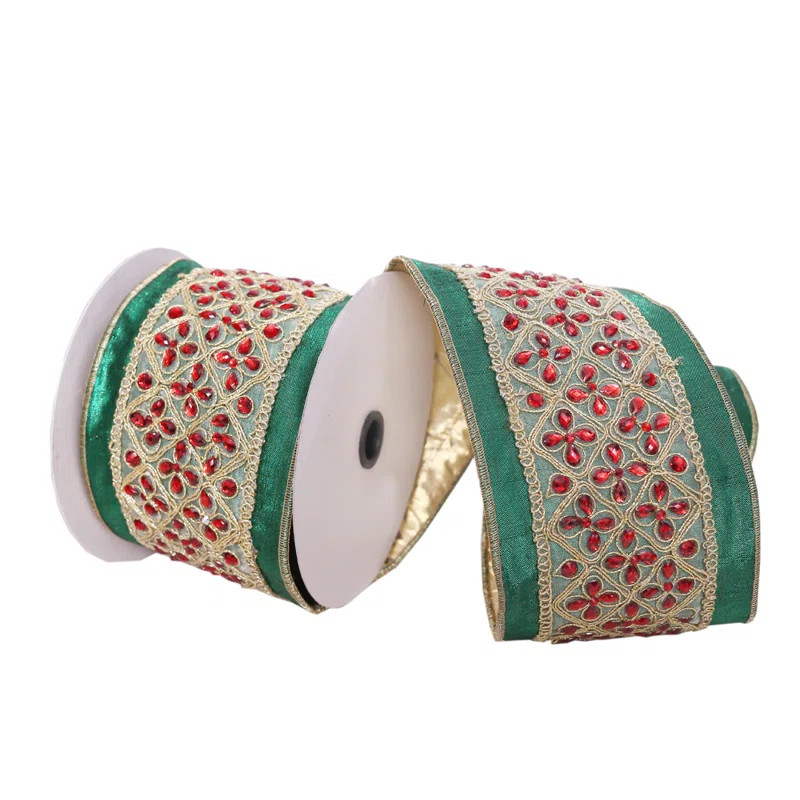 4"x5yd Jeweled Wired Edge Christmas Ribbon | Wayfair North America