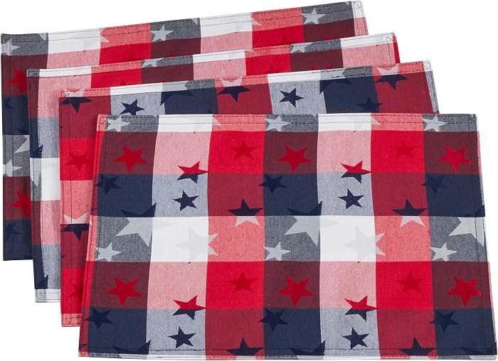 Red White and Blue Checkered with Stars Cotton/Polyester Blend Patriotic Placemat, 13"x19" Rectan... | Amazon (US)
