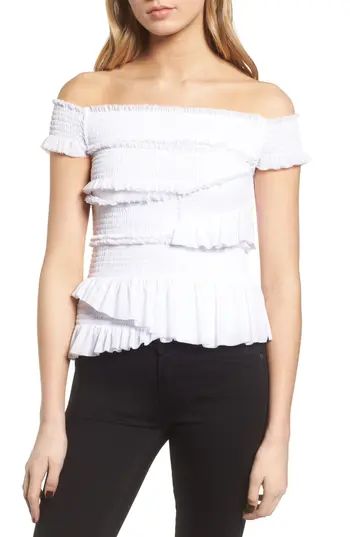 Women's Chelsea28 Smocked Ruffle Off The Shoulder Top, Size XX-Small - White | Nordstrom