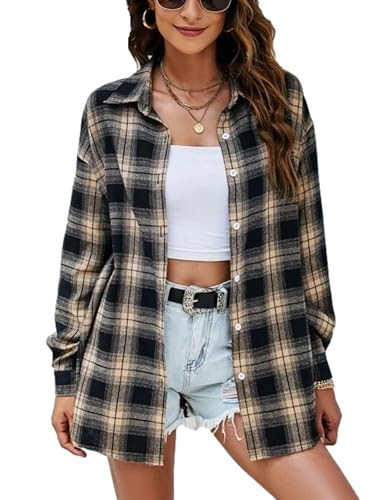HangNiFang Flannel Plaid Shirts for Women Oversized Button Shirts Blouse | Amazon (US)
