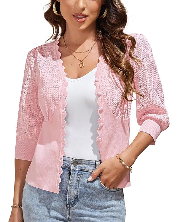 GRACE KARIN Women's 3/4 Sleeve 2024 Summer Crochet Cropped Cardigan Button Down V Neck Bolero Shr... | Amazon (US)