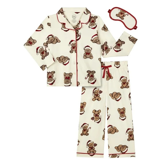 Wonder Nation Girls Long Sleeve Button Front Pajama Top and Pants Set with Eyemask, 3-Piece, Size... | Walmart (US)