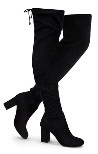 Vepose Women's Over The Knee High Boots Black Suede Thigh High Boot Vegan 3 Inch Chunky Heels Zipper Adjustable Opening 991 Shoes Size 11 (CJY991 Black Suede 11) | Amazon (US)