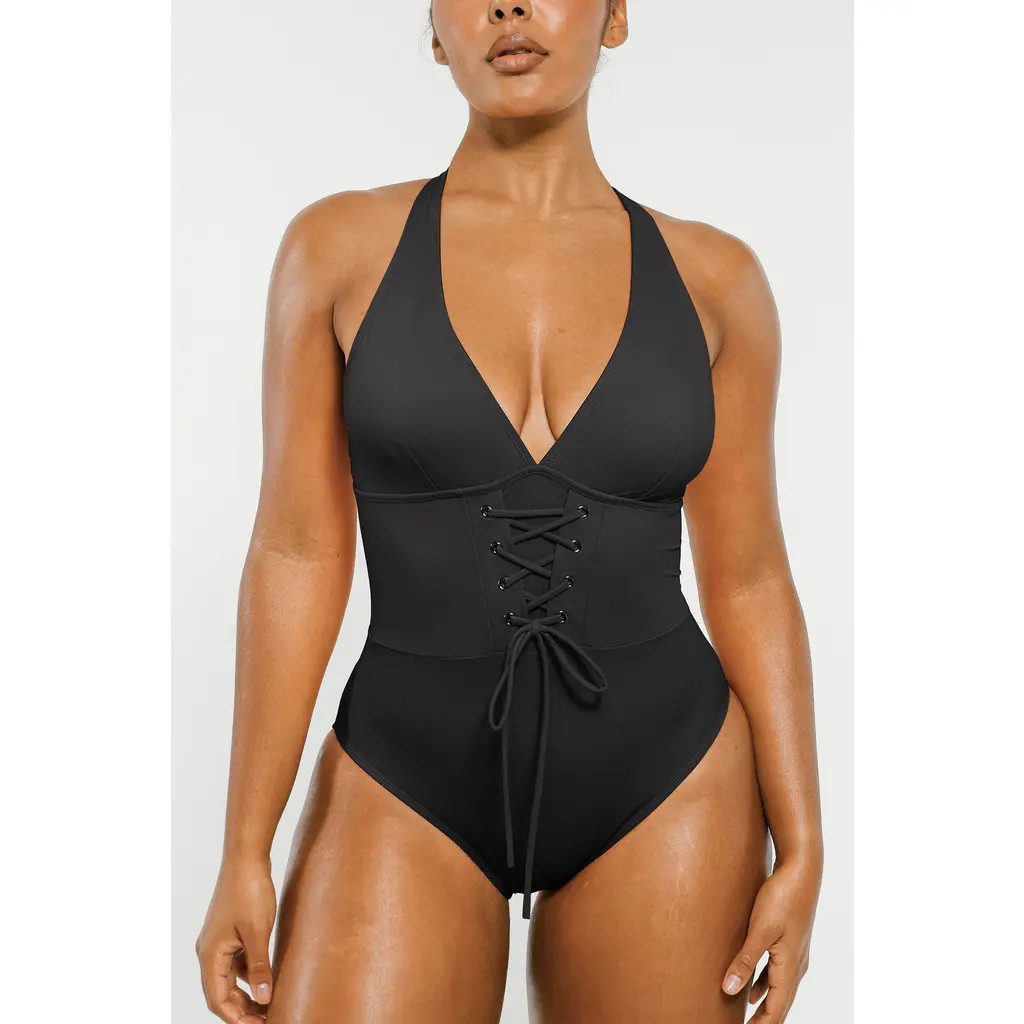 Shapellx Smart Sculpt Plunge Corset Shaping Swimsuit in Matte Black at Nordstrom, Size 3X-Large | Nordstrom