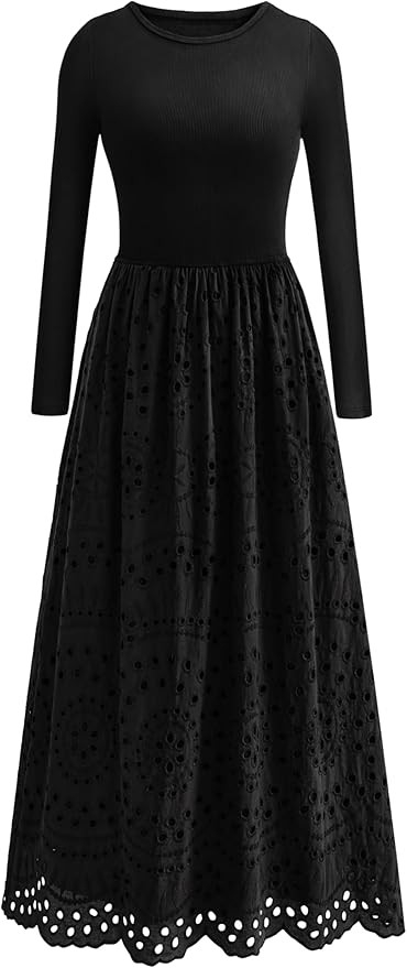 dowerme Women Fall Dresses 2025 Casual Long Sleeve Crewneck A-Line Boho Eyelet Cotton Maxi Weddin... | Amazon (US)