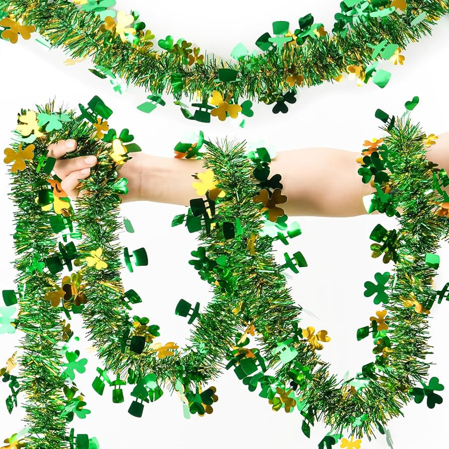 55.77FT St Patricks Day Garland Decor Gold Green Shamrock Hat Tinsel Garland, Shiny Metallic Stre... | Amazon (US)