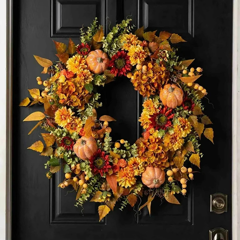 24 Inch Fall Wreath for Front Door with Pumpkins, Berries and Hydrangeas, Autumn Thanksgiving Har... | Walmart (US)