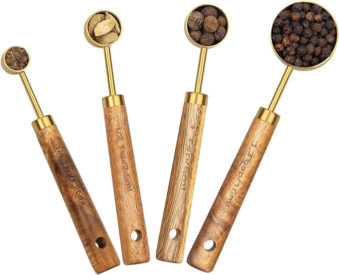 Muchtolove Measuring Spoons Set of 4, Golden Stainless Steel Measuring spoon with Wooden Handle, ... | Amazon (US)