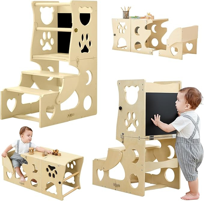 Toddler Kitchen Step Stool - 3 in 1 Montessori Toddler Standing Tower with Safety Rail & Chalkboa... | Amazon (US)