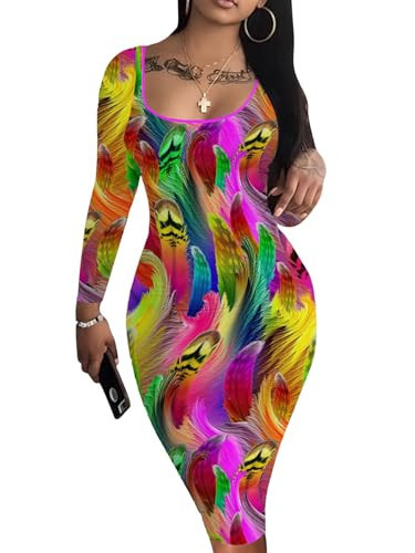 Nimsruc Womens Autumn Casual Sexy Long Sleeves Bodycon Dress Basic Pencil Midi Club Dresses Colorful Feather M | Amazon (US)