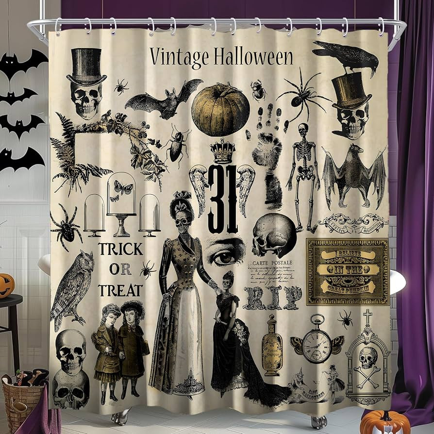 Vintage Retro Halloween Shower Curtain, Halloween Theme Party Skull and Spooky Bathroom Decor, Wa... | Amazon (US)