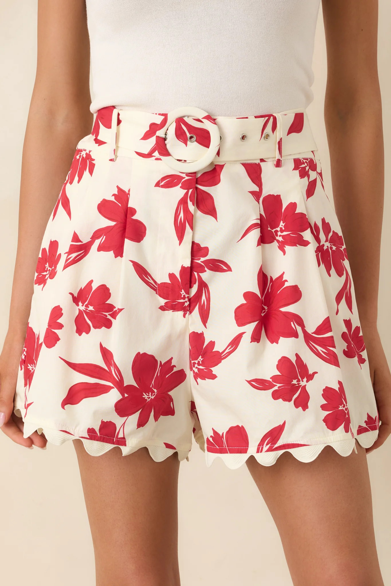 Feeling Fabulous Ivory & Red Floral Cotton High Waisted Shorts | Red Dress